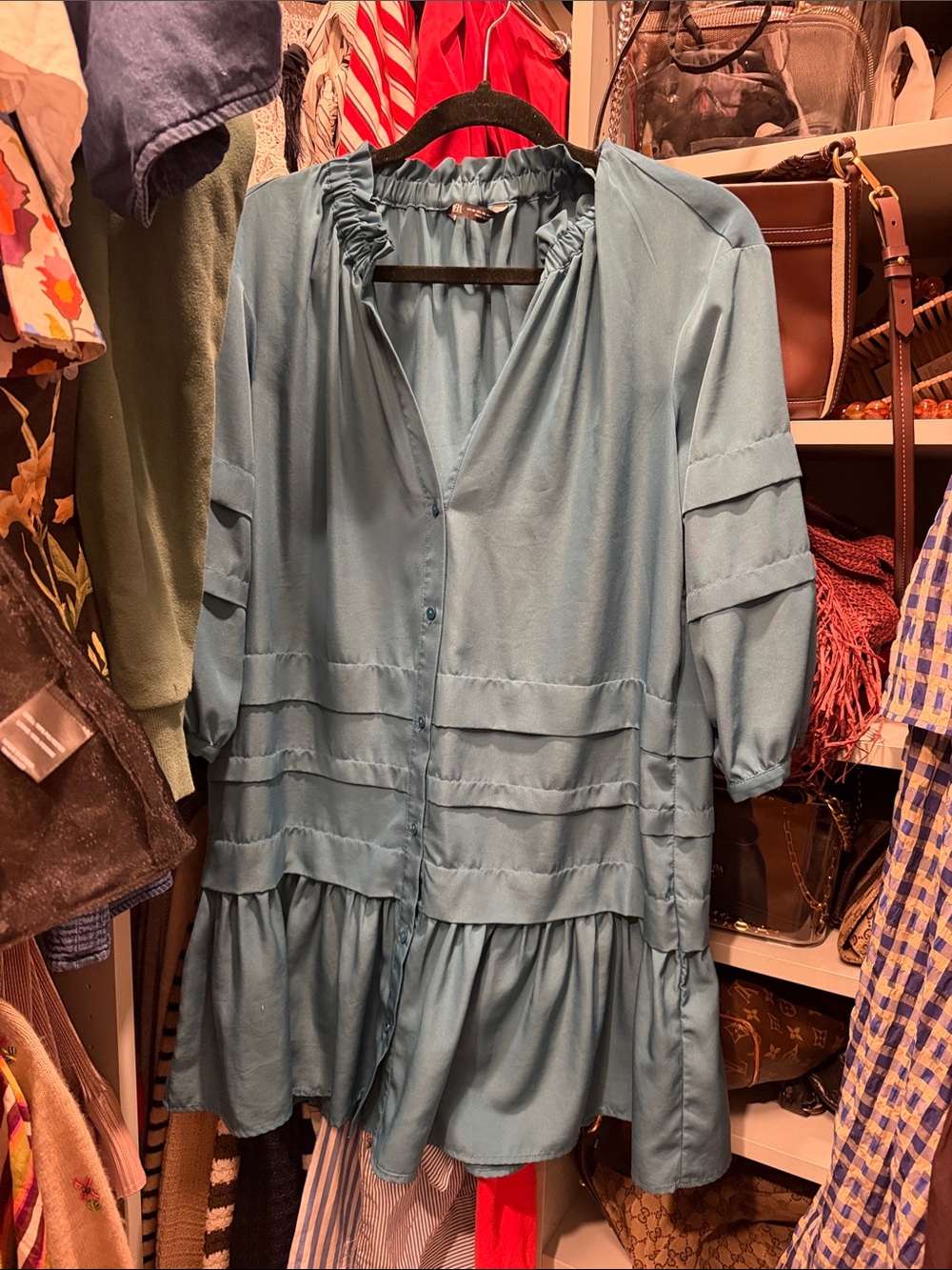 Zara Light Blue Tiered Button-Front Midi Dress